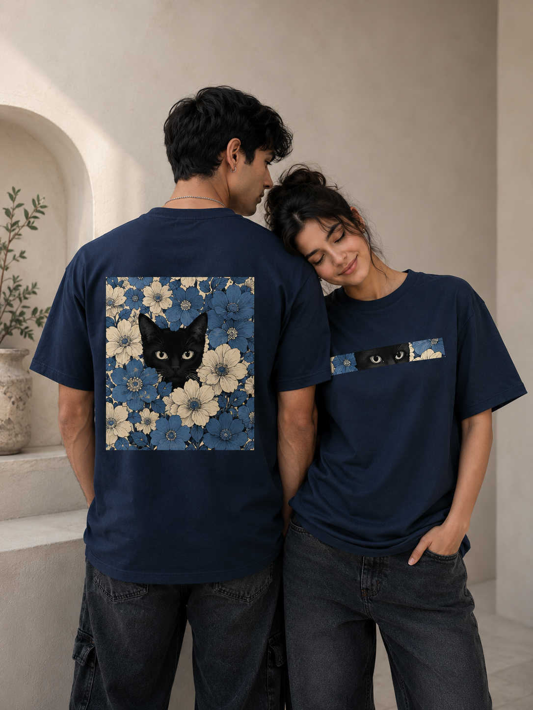 Midnight Bloom Cat Unisex Oversized Standard T-Shirt