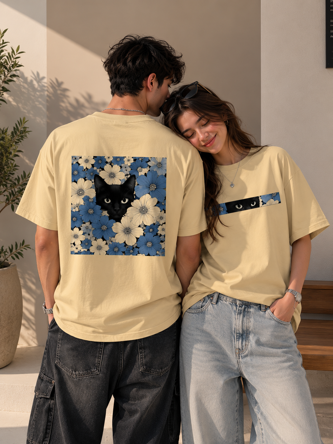 Midnight Bloom Cat Unisex Oversized Standard T-Shirt